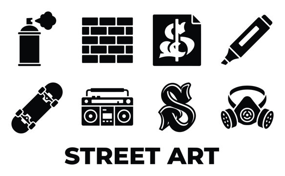 Street art icons set spray can brick wall dollar sign marker skateboard boombox graffiti gas mask.