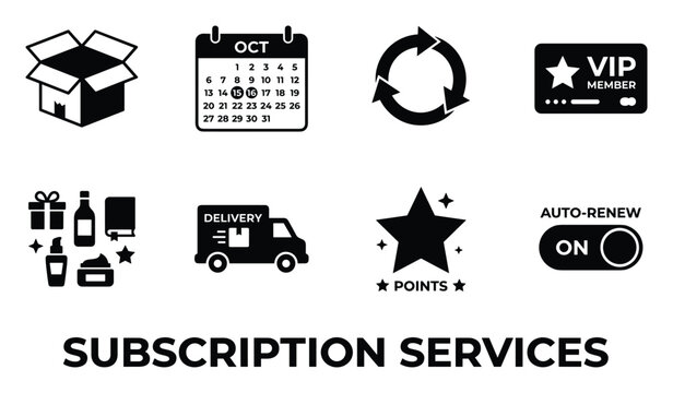 Subscription service icons box calendar refresh vip card gifts delivery truck points star and auto-renew toggle.