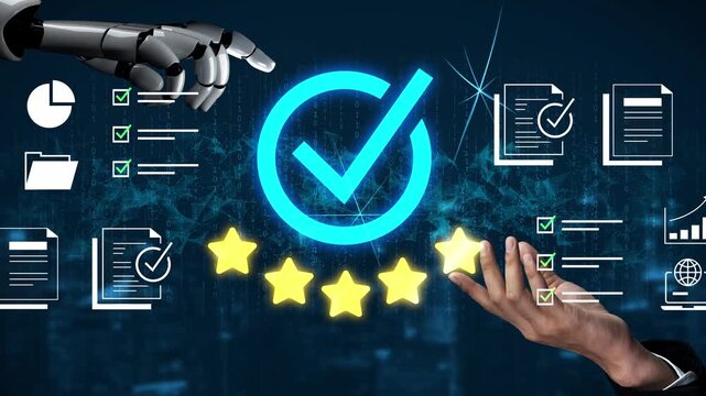 Robotic hand reaching for blue checkmark symbol amidst five-star rating icons, documents, and digital analytics in futuristic interface background Gluon.