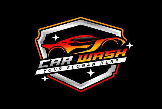 car wash detailing logo emblem badge template cleaning car service on black background