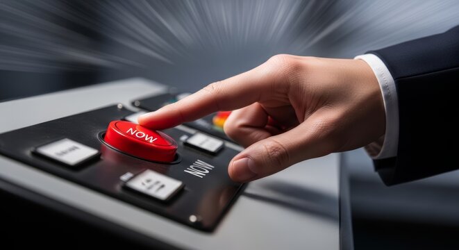Hand pressing a red button labeled NOW, symbolizing urgency, action, and immediate decision-making