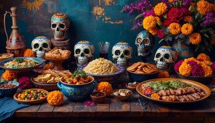 Naklejka premium Mexican traditional food on the table. Authentic Mexican cuisine with bright dishes. Concept of cultural celebration, culinary, festive meal, feast, Day of the Dead, Dia de, created with generative ai