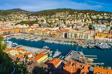Fototapeta premium Aerial view of Old Port Lympia from theCastle Hill in Nice on the French Riviera, France