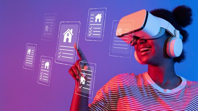 Joyful woman using virtual reality headset for real estate exploration, interacting with digital property listings in vibrant blue and purple background Gluon.