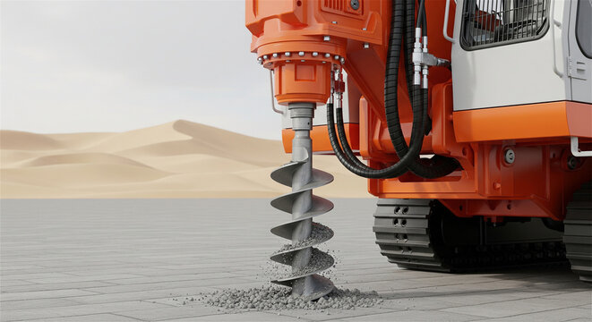 Industrial rotary drilling rig machine, heavy hydraulic auger equipment for foundation work, orange construction machinery in desert environment