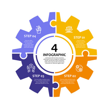 Infographic vector circle gear puzzle with 4 process options for presentations and reports. Infographic 4 circles. Vector editable.