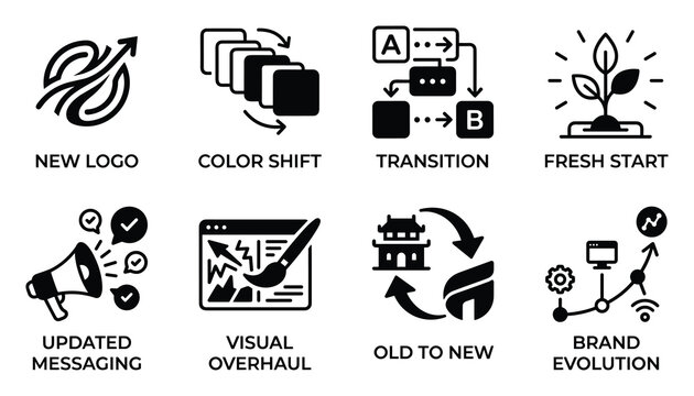 Brand refresh new logo color shift transition fresh start updated messaging visual overhaul old to new brand evolution icons.