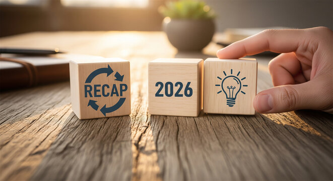 Year 2026 recap blocks, business review concept, annual summary cubes