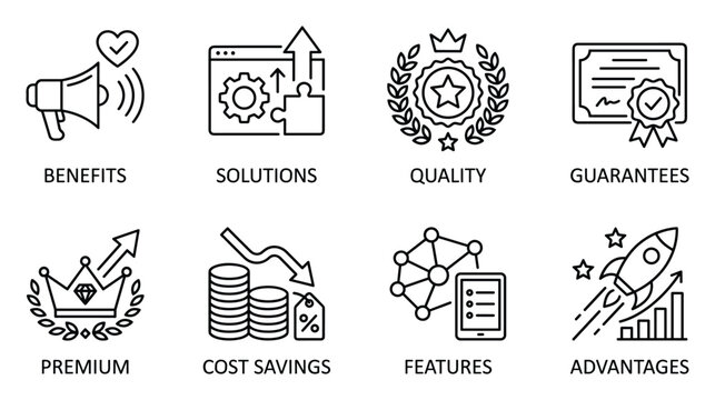 Business benefits solutions quality guarantees premium cost savings features advantages icons.