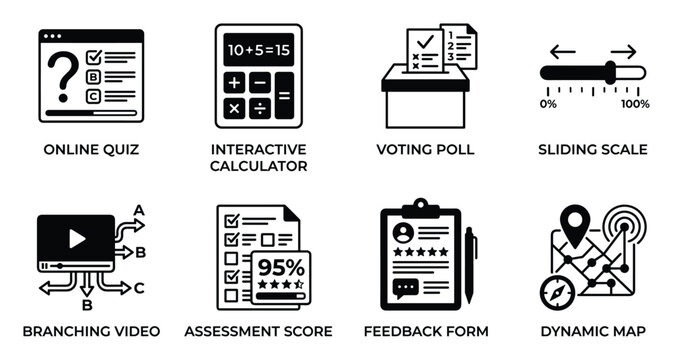 Collection of survey and poll icons online quiz interactive calculator voting poll sliding scale branching video.