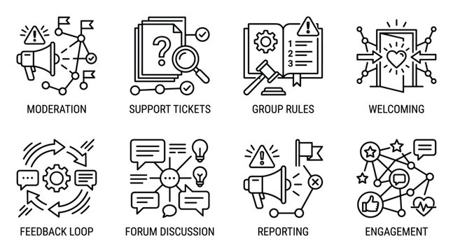 Community management icons set including moderation support tickets group rules welcoming feedback.