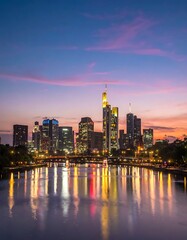 Fototapeta premium City skyline at sunset by water.
