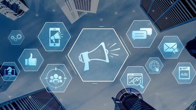 Digital marketing promotion strategy using megaphone, social media marketing, digital ads video content, communication, analytics, and global branding advertisement for business outreach Marrow