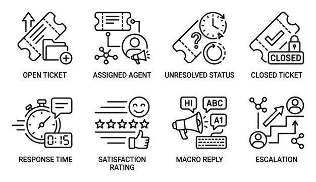Customer service icons vector set open ticket assigned agent status closed.