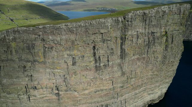 Cinematic 4K aerial drone soaring over the rugged cliffs of Bosdalafossur, Faroe islands