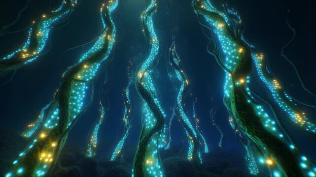 Bioluminescent organic tendrils with glowing nodes, abstract deep sea or cosmic flora, vibrant blue and yellow illumination