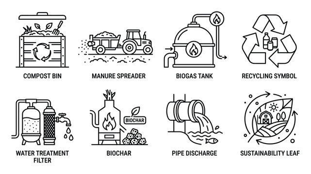 Eco friendly icon set for compost bin manure spreader biogas tank recycling symbol water treatment.