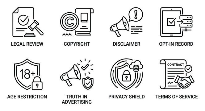Legal and compliance icons for copyright terms of service disclaimer age restriction opt in record privacy shield.