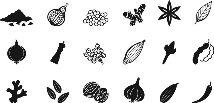 Spices and herbs icon set with pepper, garlic, turmeric and seasoning silhouettes, editable vector collection of cooking ingredient symbols, minimal black food spice icons for kitchen, menu, packaging