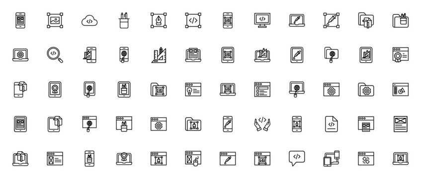 Web design icon set. Vector illustration pack. Includes symbols for coding, browser, smartphone, laptop, tablet, wireframe, responsive design and more.