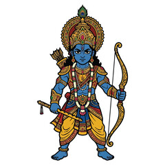 Obraz premium Vibrant cartoon depiction of a powerful mythological archer from ancient Indian folklore, resplendent in gold and blue, symbolizing heroic virtue and righteousness