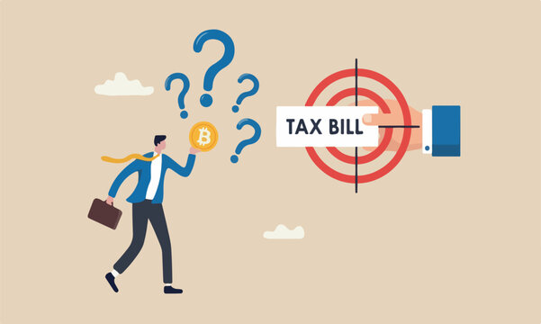 Crypto, businessmanThe style of the illustration is modern, flat design with clean lines and minimal shading. investor holding bitcoin surprised by government hand issue tax bill