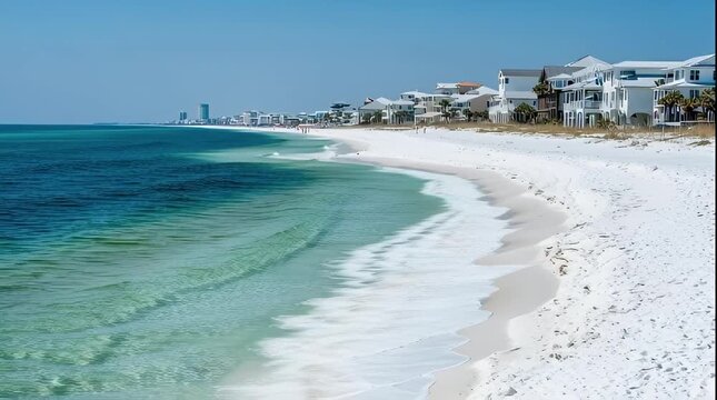 Pristine white sand beach meets turquoise waters and luxury coastal homes under a bright blue sky perfect for travel real estate or lifestyle marketing
