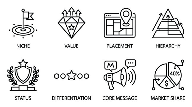 Niche value placement hierarchy status differentiation core message market share business concepts icons.