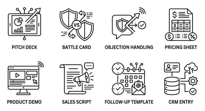 Sales and marketing icons pitch deck battle card objection handling pricing sheet product demo sales script follow up crm.