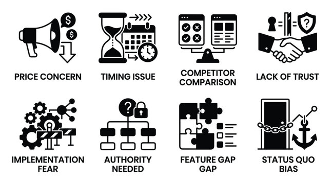 Sales objections icons set price concern timing issue competitor comparison lack of trust implementation fear.