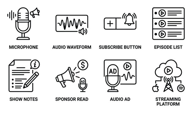 Set of eight vector icons representing microphone, audio waveform, subscribe button, episode list, show notes, sponsor read, audio ad, streaming platform.
