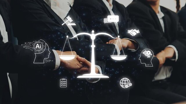 A dynamic business meeting emphasizing legal concepts with scales of justice and technological elements illustrating the intersection of law and innovation. Raster