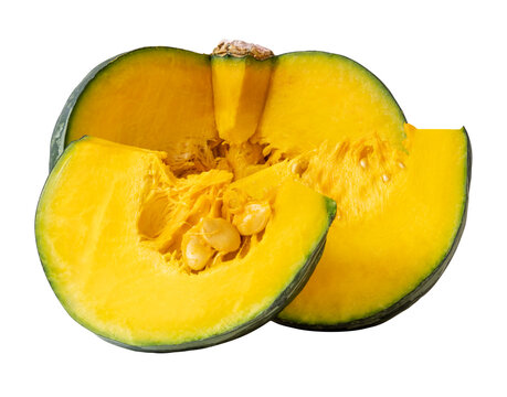 Green Japanese pumpkin fruit in half and two quarters or slices in stack isolated with clipping path in png file format