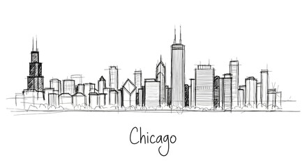 Fototapeta premium Minimalist hand-drawn sketch of Chicago skyline illustrating iconic skyscrapers and cityscape with artistic style