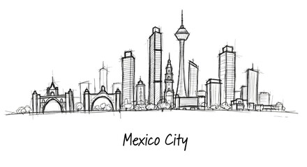 Fototapeta premium Artistic skyline sketch of Mexico City highlighting iconic skyscrapers and landmarks in a minimalist line drawing style