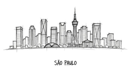 Fototapeta premium Stylized urban skyline sketch capturing S?o Paulo's diverse architecture with iconic landmarks and vibrant cityscape in a