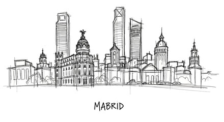 Fototapeta premium Sketch of Madrid's Skylines Featuring Iconic Historic and Modern Architecture in Minimal Line Art Style