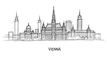 Obraz premium Minimalist Sketch of Vienna's Iconic Skyline Featuring Historic and Modern Architecture
