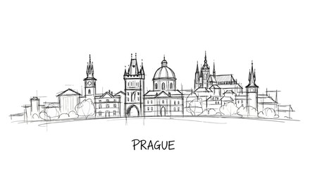 Fototapeta premium Elegant hand-drawn sketch of Prague's historic skyline featuring iconic landmarks and architectural diversity emphasizing city
