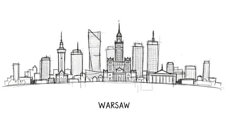 Obraz premium Minimalistic Line Drawing Depicting a Modern Urban Skyline of Warsaw Featuring Iconic Skyscrapers Backdrop
