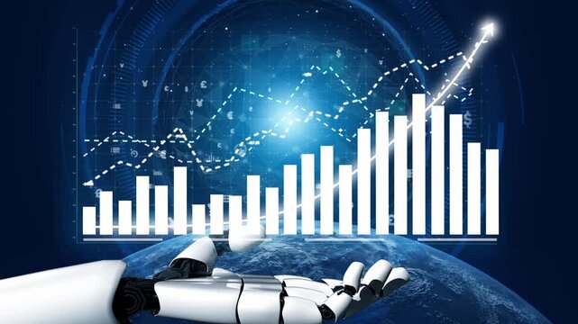 A robotic hand reaches out toward a rising graph on a digital background, symbolizing growth, technology, and advanced data analysis in today modern era. Copula