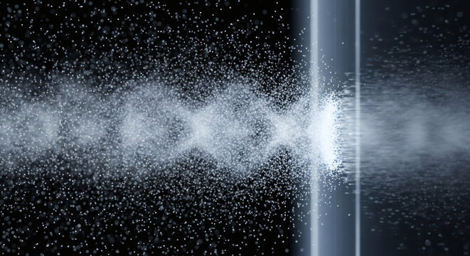 Abstract visualization of quantum physics phenomena, depicting a stream of particles diffracting through a slit, illustrating wave mechanics and scientific principles