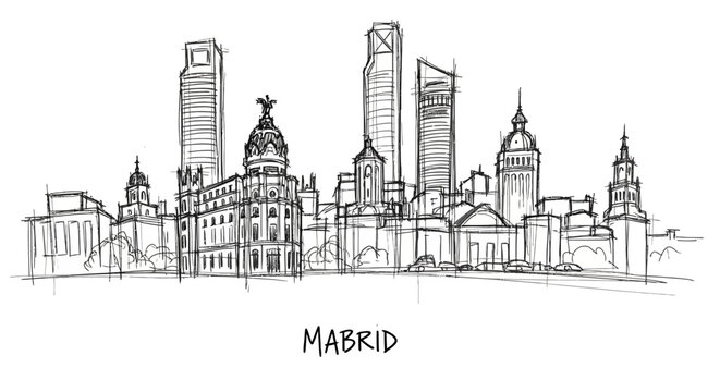 Sketch of Madrid's Skylines Featuring Iconic Historic and Modern Architecture in Minimal Line Art Style