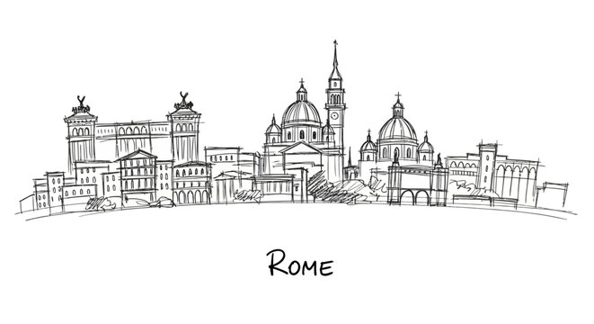 Intricate sketch of historic Rome skyline featuring iconic domes and architectural landmarks capturing timeless city elegance