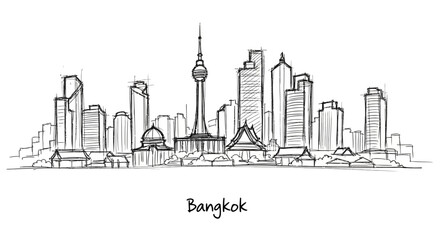 Fototapeta premium Minimalistic black and white city skyline sketch of Bangkok featuring iconic skyline with tall skyscrapers and the famous tower