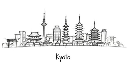 Obraz premium Minimalist line drawing of iconic Kyoto skyline featuring traditional pagodas and modern skyscrapers capturing the city's harmony