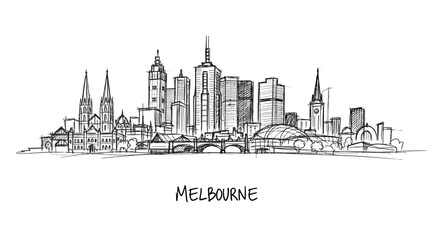 Fototapeta premium Minimalist Sketch of Melbourne Skyline Showcasing Iconic Architectural Landmarks and Urban Landscape in Continuous Line Art Style