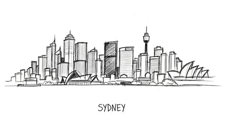 Fototapeta premium Contemporary sketch of Sydney skyline capturing iconic architectural silhouettes and urban landscape features