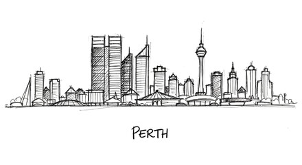 Fototapeta premium Stylized Sketch of Perth Skyline Featuring Towering Skyscrapers and Iconic Structures in a Minimalist Artistic Representation