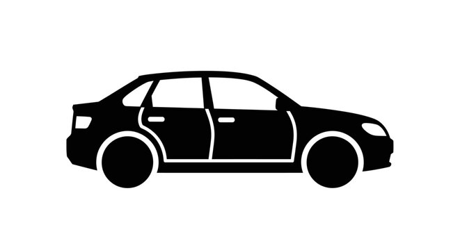Black car silhouette icon, side view. Generic passenger vehicle vector illustration for transportation, travel, and automotive concepts.